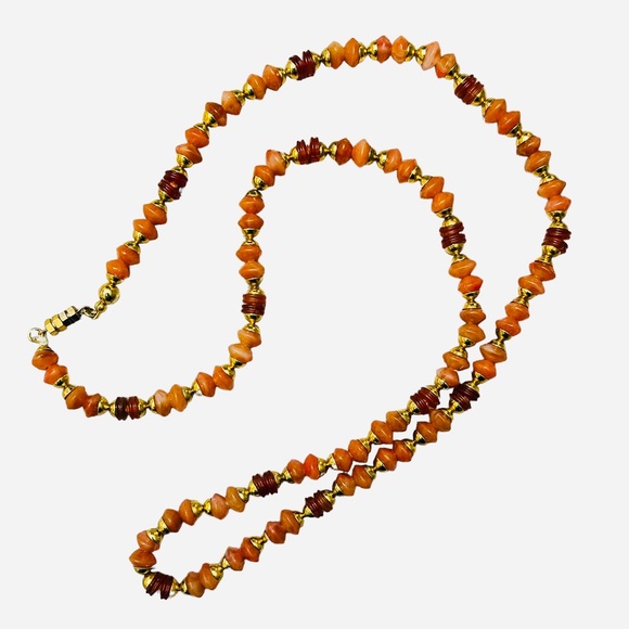 Vintage 70s necklace of rust-colored beads.  32”. - Picture 6 of 7